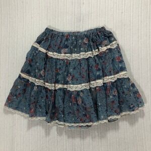 Pitchfork Brand Floral Tiered Mini Skirt Cottagecore Lace Trim Elastic‎ Waist